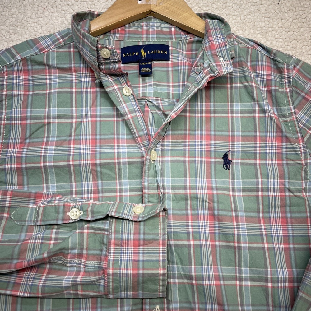 Ralph Lauren Button Down Boys L(14-16) Green Pink Plaid Shirt Long Sleeve Pony